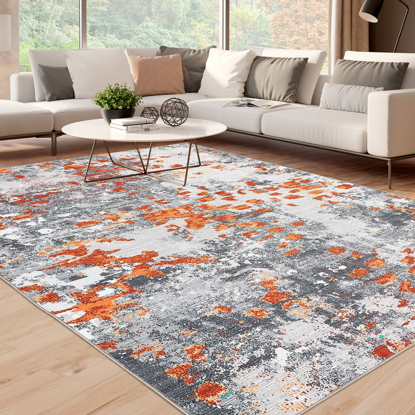 HOMERRY Large Orange/Grey Rug 9' x 12' Area Rug for Living Room Abstract Indoor Carpet