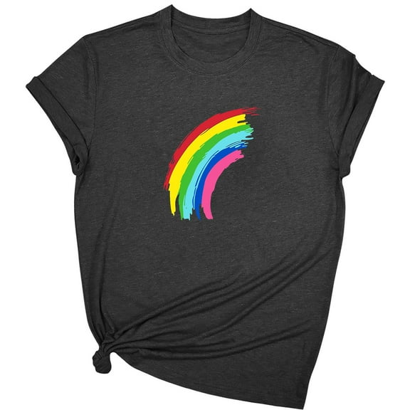 Plus Size Tops for Women Short Sleeved Rainbow Love Printed Round Neck T-shirt Black XL