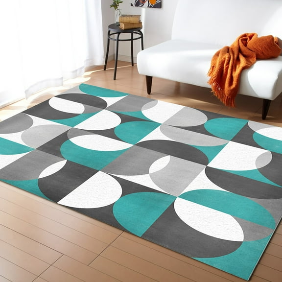 Area Rugs Indoor Non-Slip Rectangle Rug 5x8 Ft Teal Green Grey Nordic Retro Medieval Geometric Abstract Rug Rubber Backing Floor Mats Non Shedding Home Decor Carpet for Entryway Living Room
