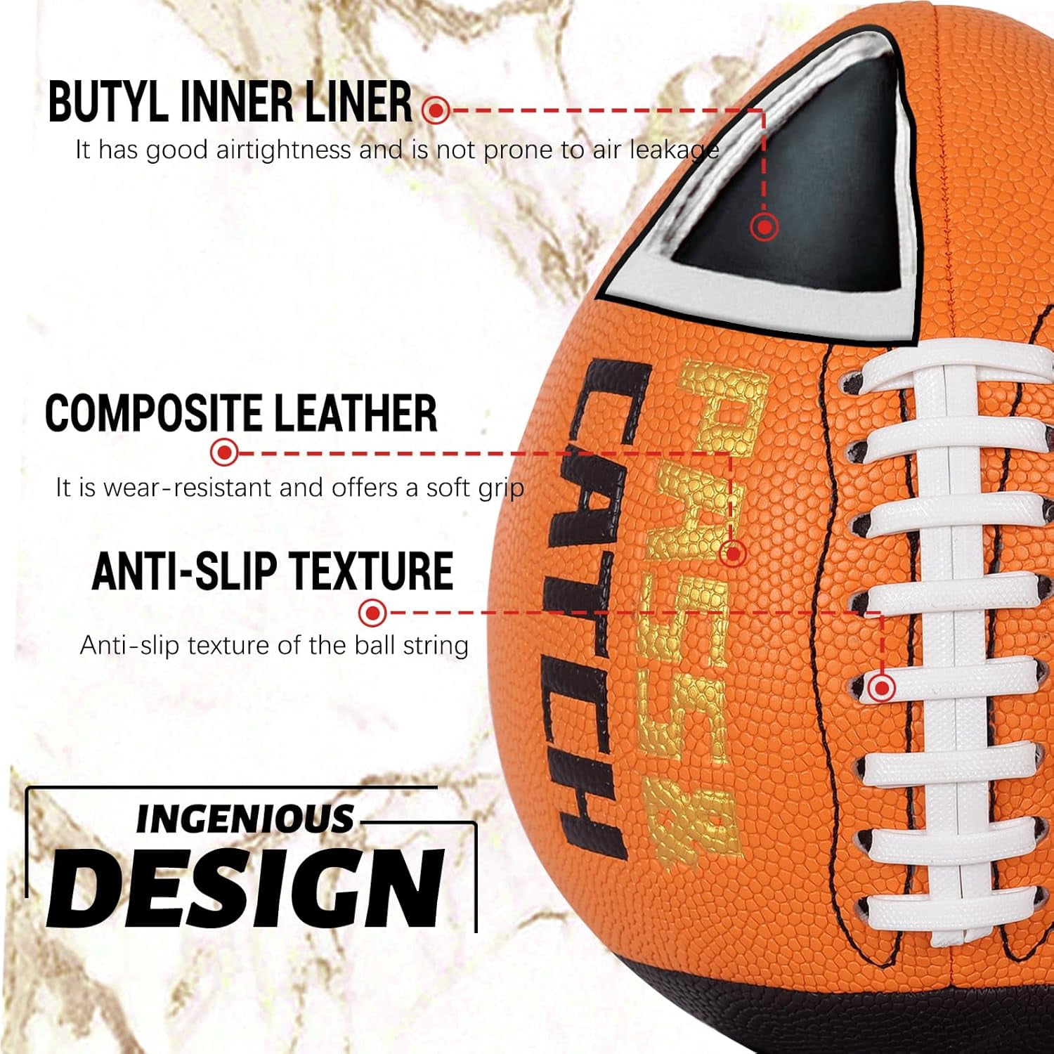 PassCatch Training Football, Peewee Size(Ages 3-9) Kids/Youth (Ages 7-13) Official Size(Ages 13+), Fatherless Bounce Back Leather Football Improving Enhance Solo Passing Catching Skills(Deflated)