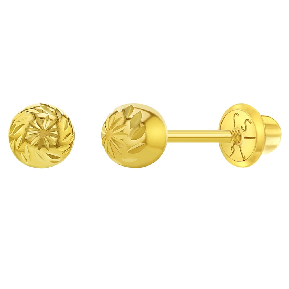 14K Yellow Gold High Polish Diamond-Cut Ball Earrings with Screw Backs 