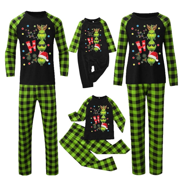 Conjuntos de pijamas navideños familiares a juego Grinch 2024, pijama de Grinch con parte superior y pantalones de pijama a cuadros, pijama de Grinch para niños y adultos para la familia, 2 Años