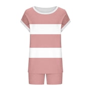 SwiftWear Women's Summer Striped Round Neck Short Sleeve Shorts Pajamas Set - Soft Breathable Loungewear with Pockets & Drawstring,Casual Sleepwear