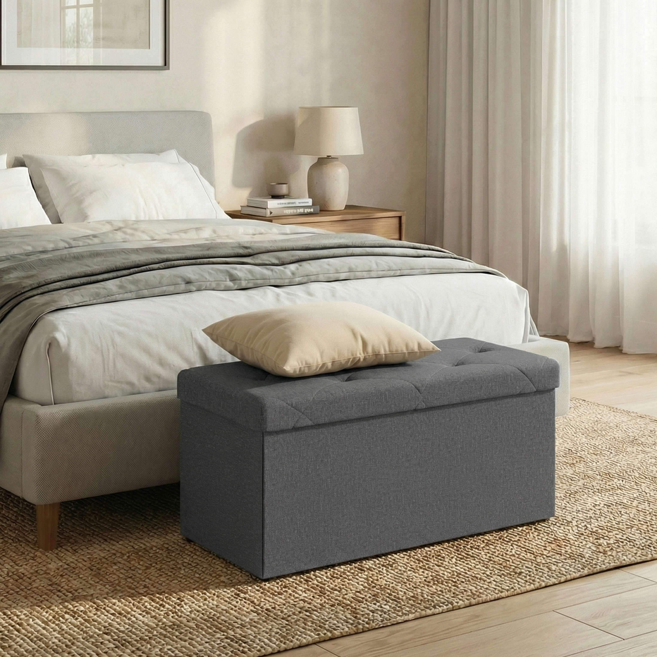 EDX 30" Folding Storage Ottoman Bench, Grey Linen photo 2