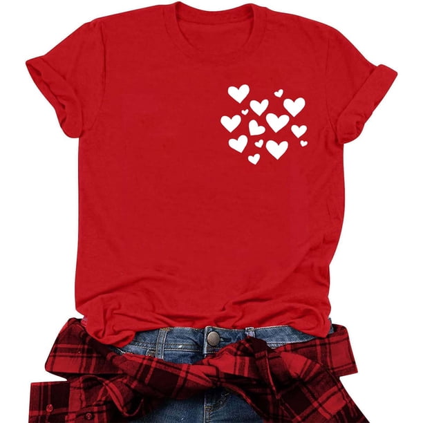 RKSTN Valentine's Day T Shirts for Women Cotton Oversized Crewneck Heart Graphic Print Short Sleeve Shirt Pullover Tops Womens Casual Valentine Print Round Neck Regular Fits Comfy Summer Tee Shirts