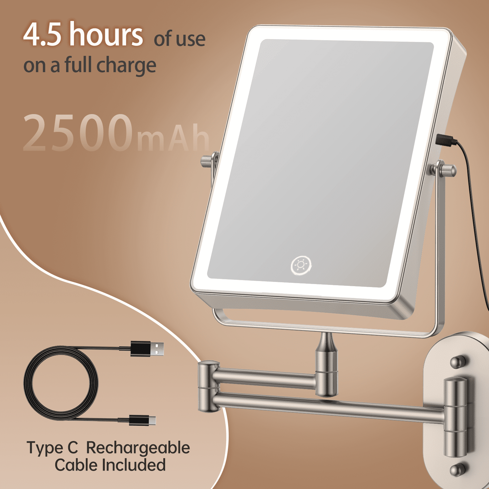 Funtouch Double Sided 1X 10X Magnifying Wall lighted Mounted Makeup Mirror with Extended Arm, 360° Swivel Foldable, 3 Color Settings,Nickel
