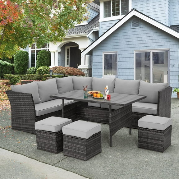 AECOJOY Outdoor 7-Piece Rattan Wicker Sectional Sofa Couch, Patio Dining Conversation Set, Gray