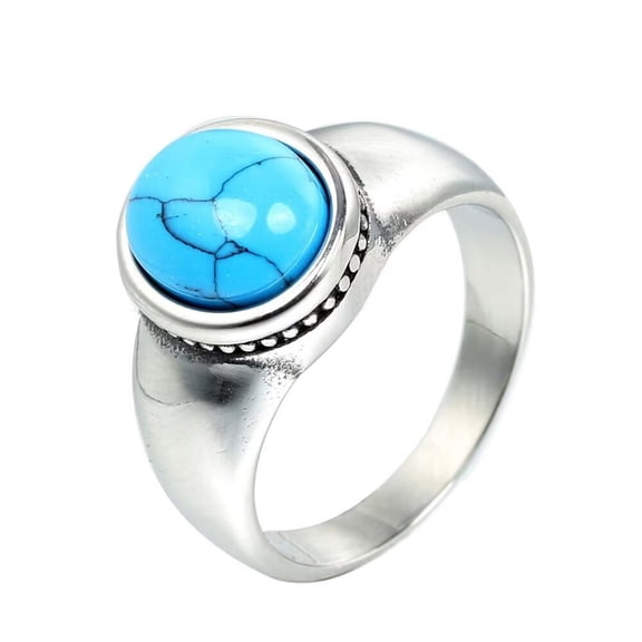 PAURO Men's Stainless Steel Vintage Small Round Gemstone Ring Punk Created Turquoise Ring Silver Size 7