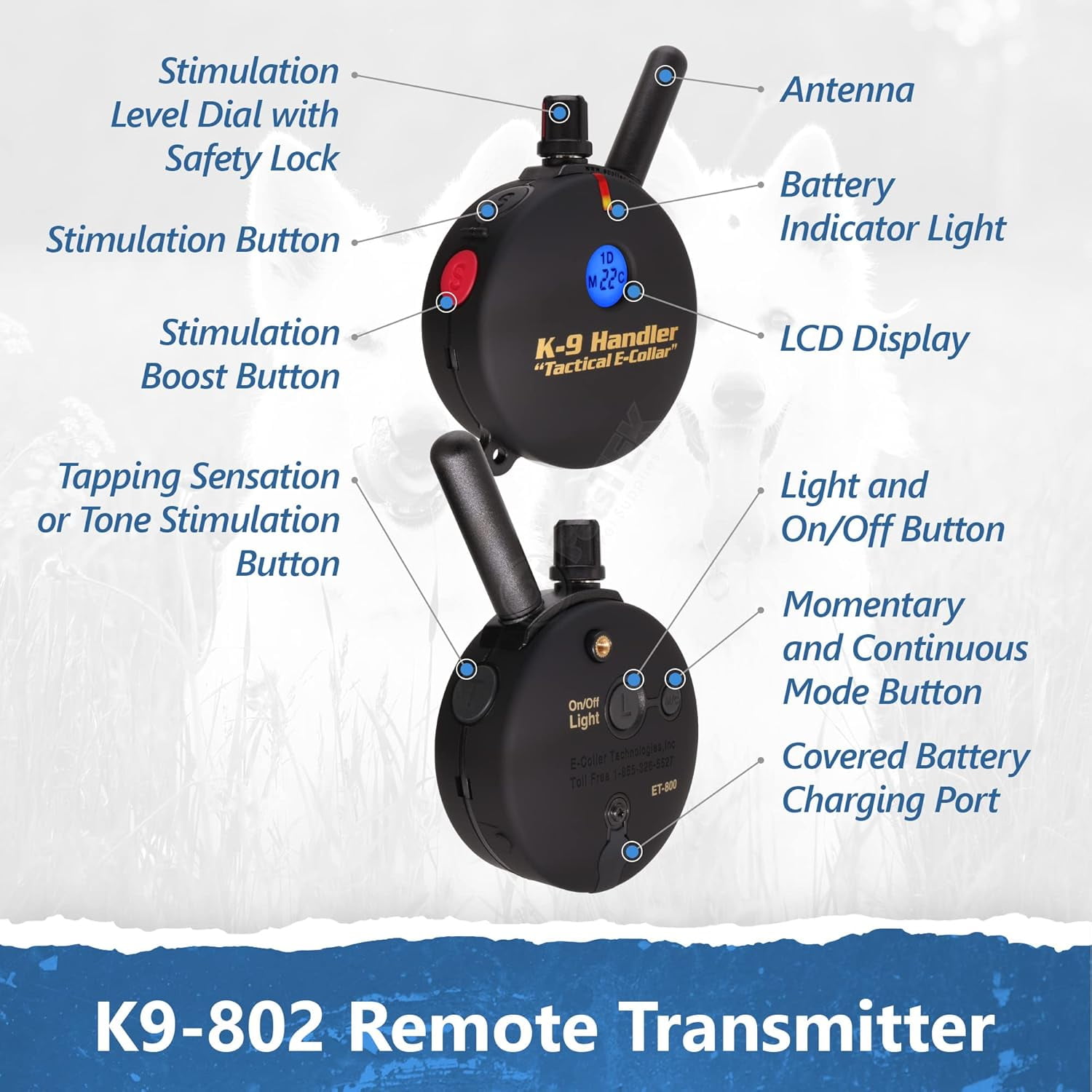The Educator K9 Handler K9-802 Remote Training E-Collar Tactical Dog Training Made Easy  1-Mile Range 2-Dog System 33" Bungee Collar 100 Static Stimulation Levels with “Lock and Set” Pavlovian Tone