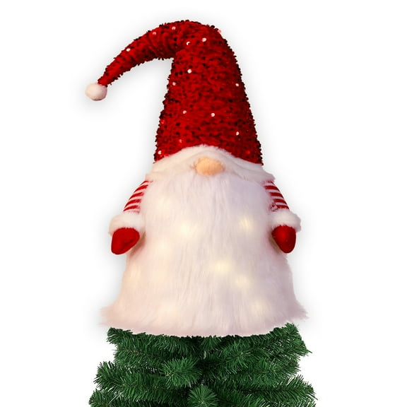 Christmas Tree Topper,Lighted Glitter Gnome Tree Topper with Red Pink Hat,Pre-Lit Scandinavian Santa Elf Plush Xmas Tree Ornaments Topper Decor,Handmade Swedish Tomte Christmas Decorations,23.7"