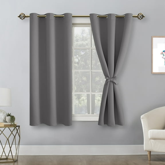 Hiasan Short Blackout Curtains for Bedroom - Thermal Insulated & Light Blocking Window Curtains for Living Room, 2 Drape Panels Sewn with Tiebacks, Light Grey, 42 x 45 Inch