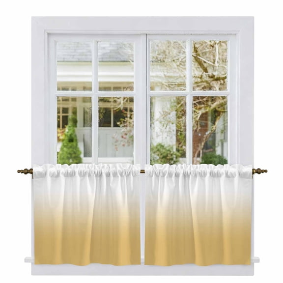 Yellow Ombre Tier Curtains, White Gradient Color Modern Abstract Art Light Filtering Kitchen Curtains, 2Pcs Rod Pocket Half Window Treatments Panels for Sink Cafe Cabinet Camper 27.5x36 Inches