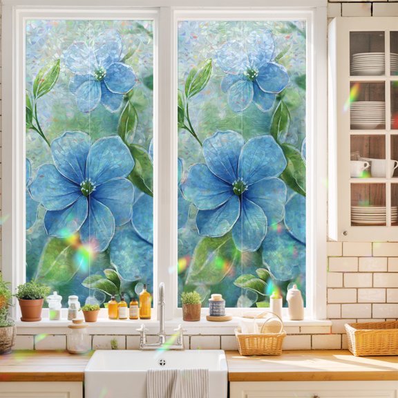 Watercolor Spring Blue Flower Green Leaves Window Privacy Film,Decorative Windows Static Cling Pastoral Floral Heat Control Removable Glass Sticker for Home Bathroom Bedroom Window Door,17.7x39.3in