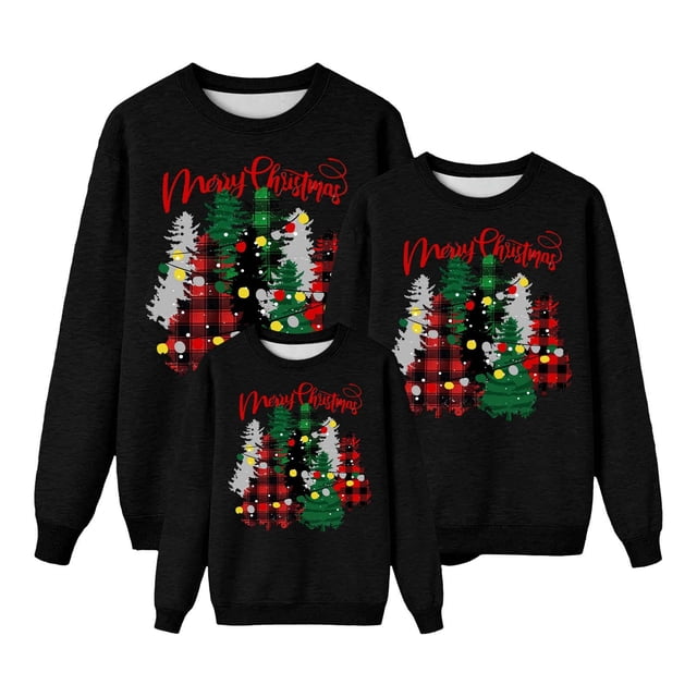 RXMEKW Chandail de Noël à Capuche pour Femmes Manches Longues Col Rond Haut Imprimé Ensemble Familial Assorti pour Photos de Vacances