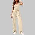 thumbnail image 4 of 2 Piece Sets for Women Ribbed Slim V Neck Crop Tops Matching Straight Leg Ruched Pants Summer Vacation Outfits, 4 of 8