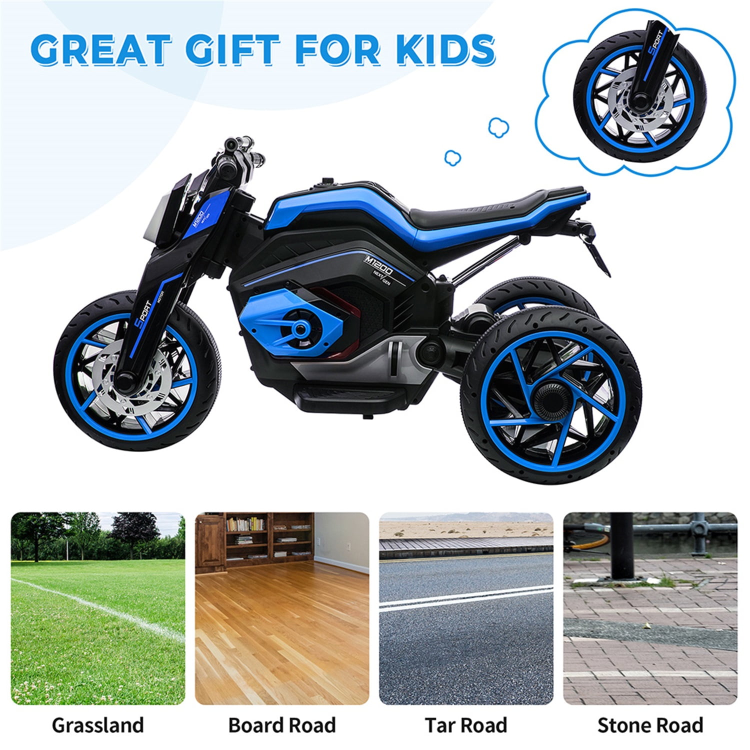 CIPACHO 12V Three Wheel Ride On Motorcycle, Kids Electric Motorbike Car with Horns, LED Lights, Gift for Kids 3-8 Years, Blue CIPACHO 12V Three Wheel Ride On Motorcycle, Kids Electric Motorbike Car with Horns, LED Lights, Gift for Kids 3-8 Years, Blue