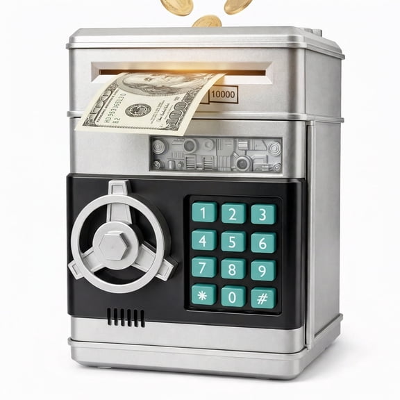 Electronic Piggy Bank for Kids, Rose Gold ATM Money Bank with Password, Automatic Bill Slot & Coin Slot, Large Capacity Money Saving Box for Boys and Girls Ages 3-12,Silver