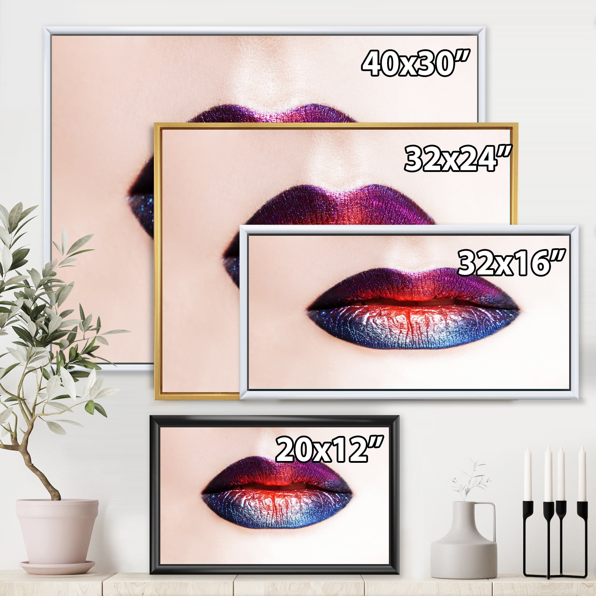 Designart 'Female Lips With Bright Multicolored Lipstick' Modern Framed Canvas Wall Art Print