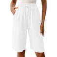 thumbnail image 2 of Bermuda Shorts for Women Knee Length Summer Casual Elastic Waist Straight Leg Relaxed Fit Cotton Linen Shorts with Pockets, 2 of 7