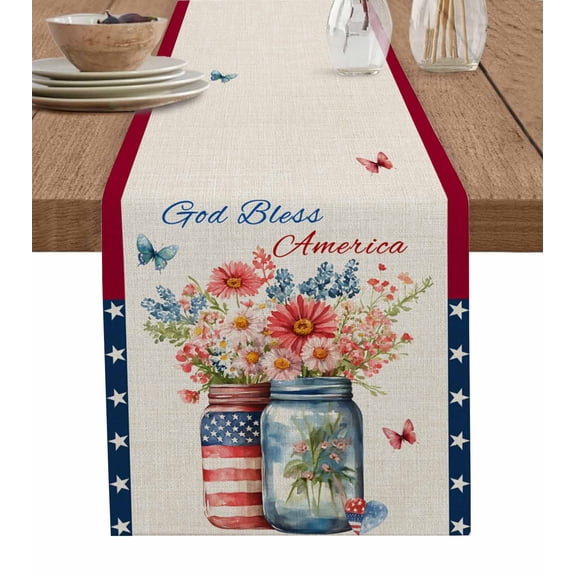 4th of July Table Runner 72 Inches, Independence Day Spring Floral US Flag Rustic Bed Runner Dresser Scarves Tabletop for Indoor Outdoor Parties/Ceremony/Banquet, 13" x 72"