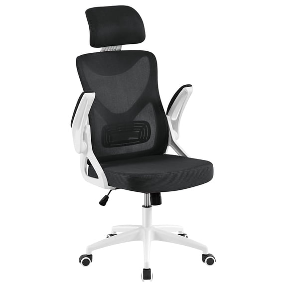 AIZYT Ergonomic Mesh Office Chair, High Back Desk Chair with with flip-up Armrests, Adjustable Padded Headrest Computer Chair with Lumbar Support for Home Oiffce Game Room, White/Black