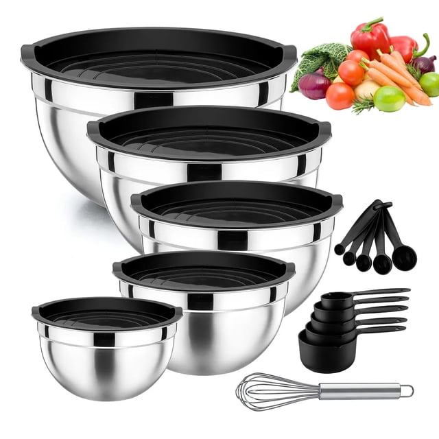 Juego de 5 Cuencos de Mezcla, Bowls de Cocina de Acero Inoxidable con Tapas Herméticas, Tamaño de 4.5, 2.7, 1.7, 1.1Cuartos, con Juego de Taza y Cuchara Medidora, Batidor de Huev