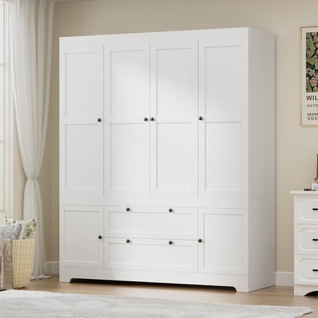 4 Door 71" Tall White Modular Wardrobe Closet with Doors, Large Armoire Closet Organizer with Drawers, Stylish Freestanding Wooden Clothes Storage Armoire with Hanging Rod for Bedroom