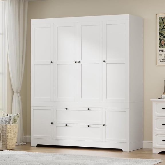 4 Door 71" Tall White Modular Wardrobe Closet with Doors, Large Armoire Closet Organizer with Drawers, Stylish Freestanding Wooden Clothes Storage Armoire with Hanging Rod for Bedroom