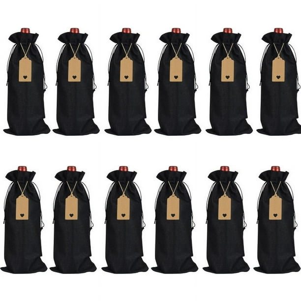 Nvzi 12 bolsas de regalo de vino con cordón, 13,78 × 5,9 pulgadas, reutilizables, para envolver botellas, para cumpleaños, bodas, fiestas (negras)