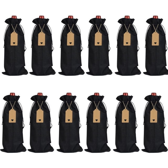 Nvzi 12 bolsas de regalo de vino con cordón, 13,78 × 5,9 pulgadas, reutilizables, para envolver botellas, para cumpleaños, bodas, fiestas (negras)