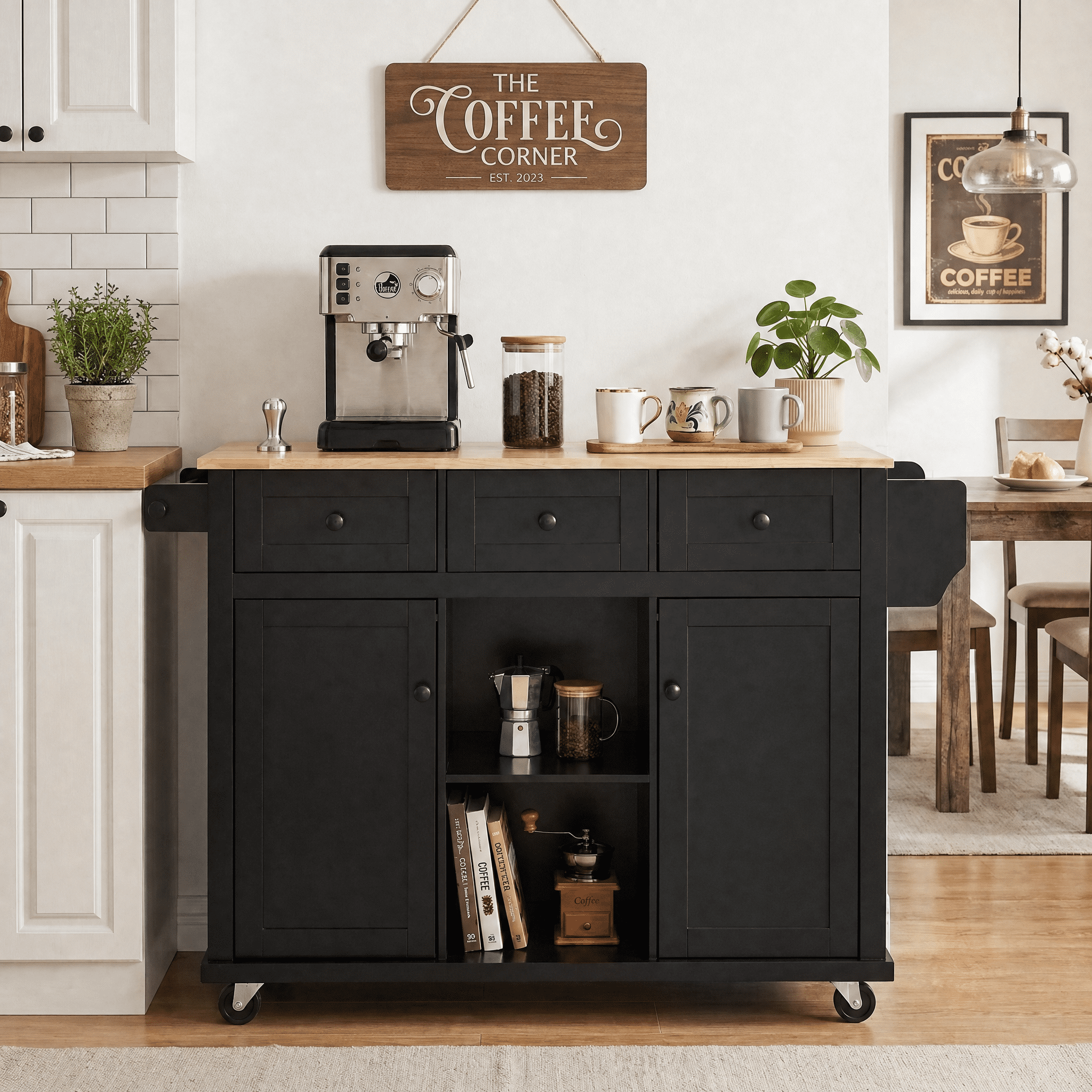 Homy Casa 53-inch Rolling Kitchen Island Cart with Drop Leaf, Storage Cabinet and Spice Rack, Black
