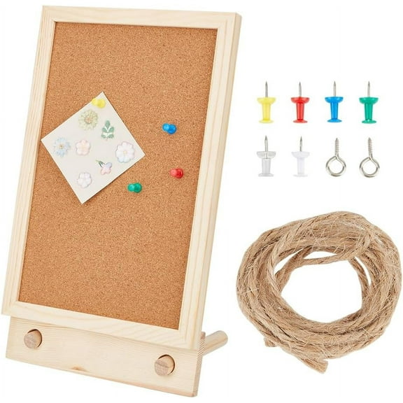 Desktop Cork Board with Hemp Rope 2Pcs Wood Sticks 2Pcs Screw Pins and 6Pcs Thumbtacks Cork Bulletin Board Message Picture Board for Home Office Decor DIY Crafts-13.5x7.9x1.2 Inch BurlyWood