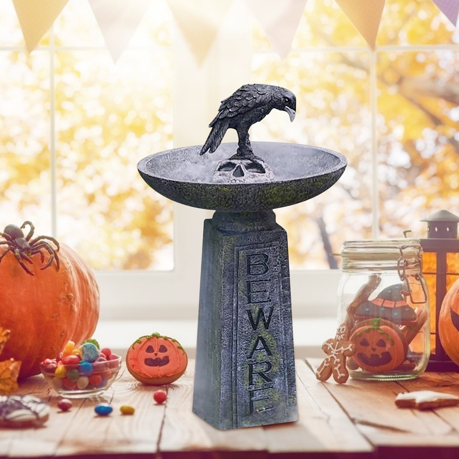 Beautynvta Halloween Ravens On Skull Bird Bath, Crow Skeleton Resin Halloween Ornament, Hummingbird Feeder Statue for Haunted Garden or Graveyard Scene, 4.5" x 4.2" x 9.7", Black