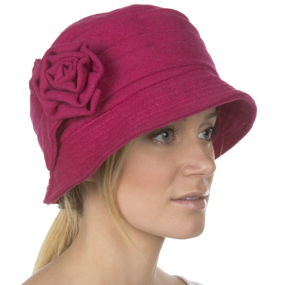 Sakkas Womens Wool Blend Foldable Cloche Bucket Hat with Flower Accent - Fuchsia - One Size