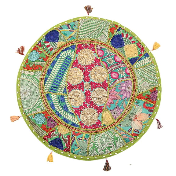 Stylo Culture Ethnic Indian Round Floor Cushion Cover Vintage Patchwork Meditation Pillow Case Parrot Green 22" Big Sitting Cushions Decorative Tuffet Pouffe Seat Pouf Cover Cotton Embroidered 1 Pc
