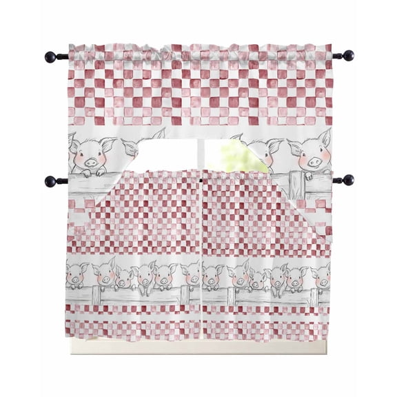 Red Plaid Farmhouse Swag Curtains for Living Room/Bedroom Windows, Watercolor Cute Country Pigs Checkered Kitchen Curtains and Valances Set 36 Inch Length, Swags Valance Curtain Panels