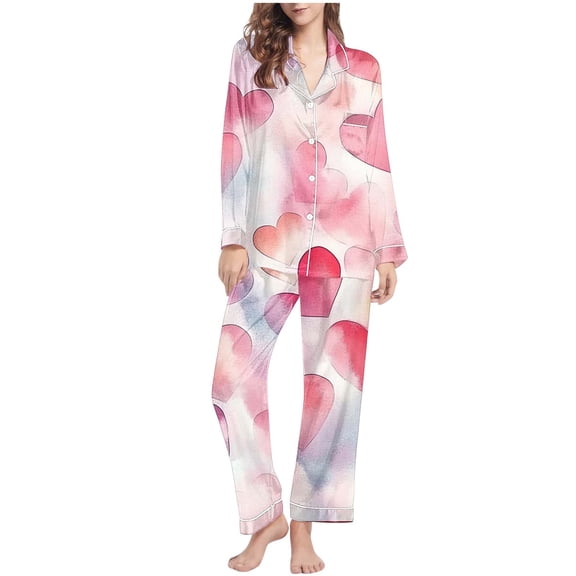 Yangnuo Women's Valentine's Day Heart Print Comfy Collared Pajama Set Women's Casual Day Printed Long Sleeved Lapel Casual Top Pants Pajama Set