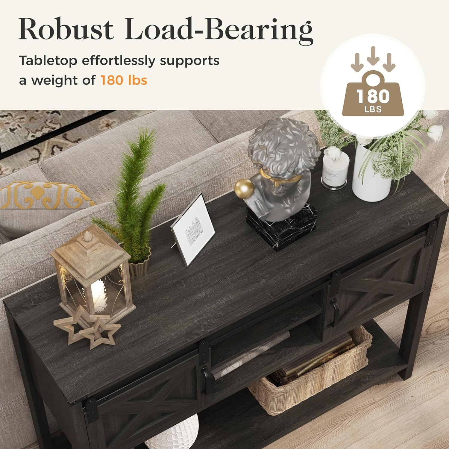 SUNVIVI Entryway Table with Storage Cabinets, 46" Modern Farmhouse Console Table with Sliding Barn Door, Wood Rustic Sofa Table with Adjustable Shelf for Hallway, Living Room
