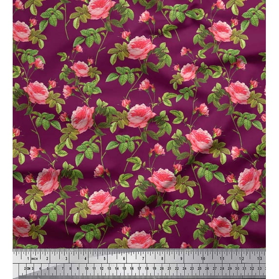 Soimoi Poly Georgette Fabric Leaves & Peony Floral Printed Craft Fabric by The Yard 52 Inch Wide