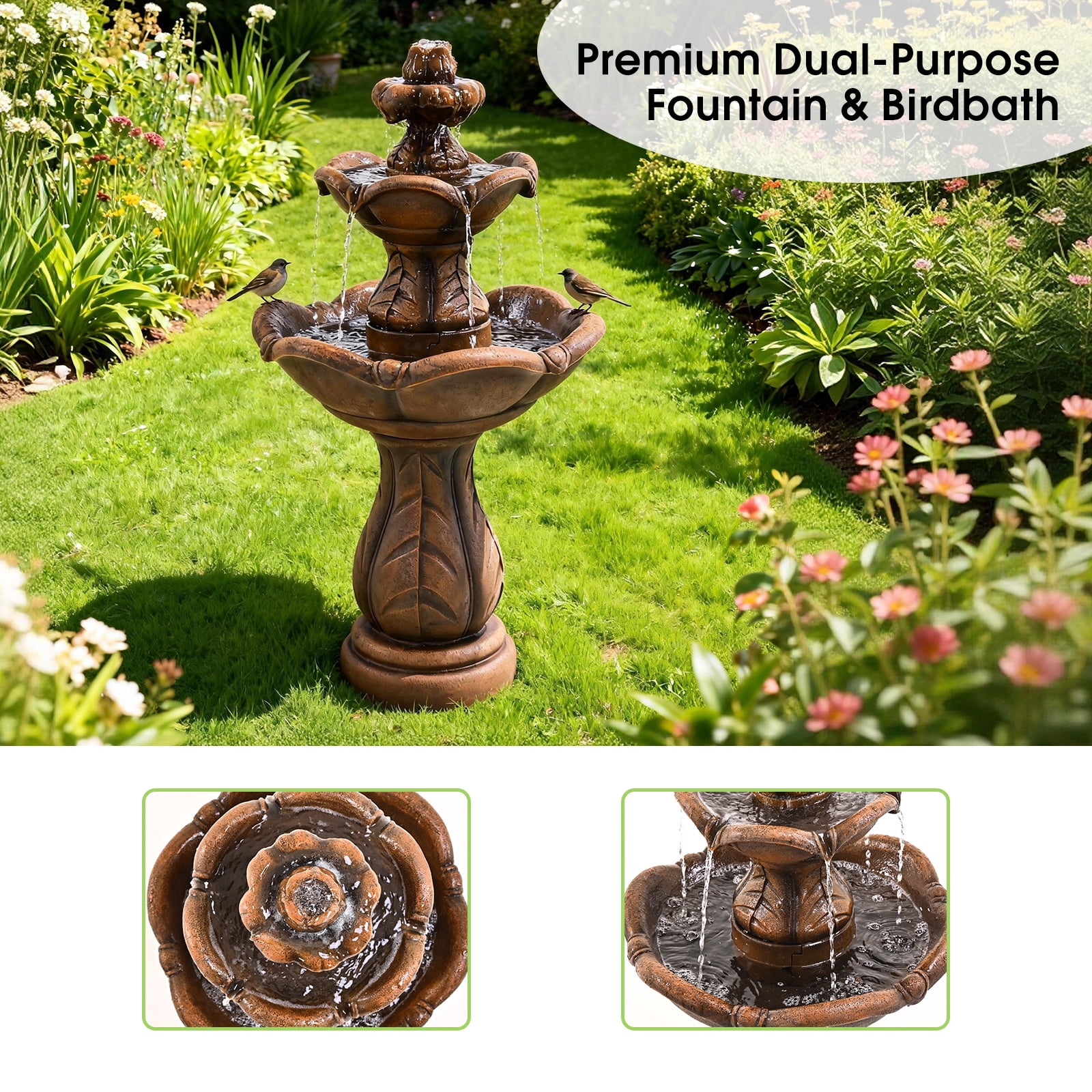 3-Tier Cascading Outdoor Water Fountain, Bird Bath Waterfall Fountain, Freestanding Fountain with Pump for Garden Yard