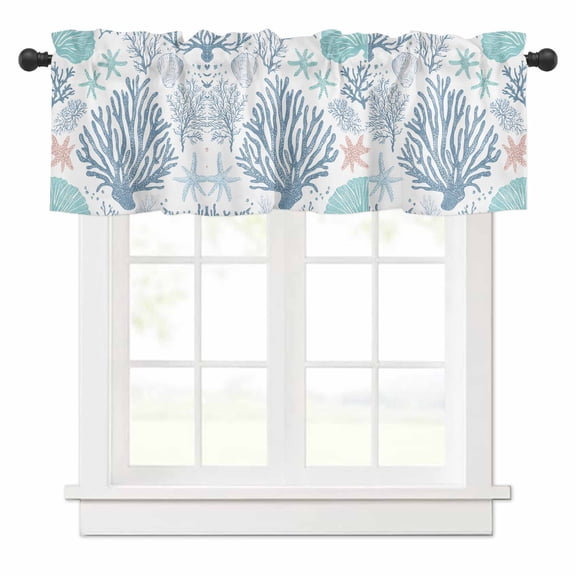 Summer Ocean Life Valances for Windows Marine Coral Starfish Line Rod Pocket Curtain Valance Window Treatment Short Curtains for Kitchen Living Room, 58"x16"