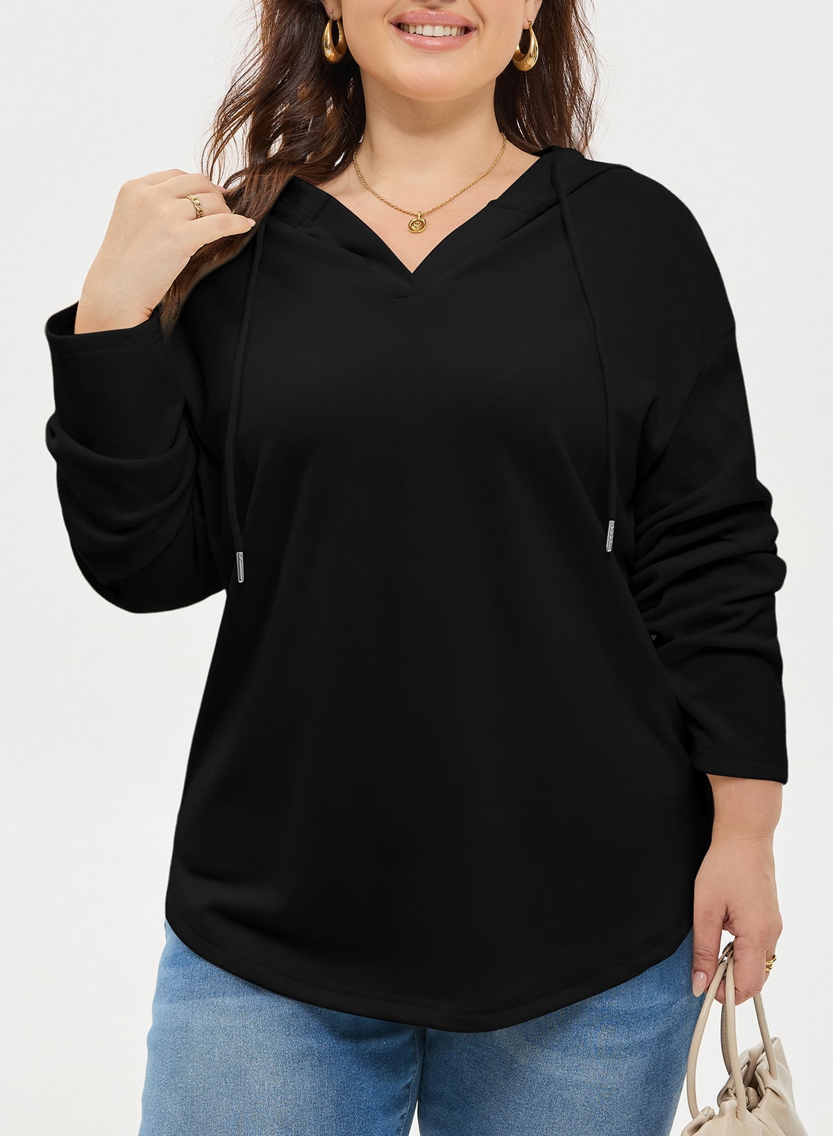 SHEWIN Sweatshirt for Women Plus Size Hooded Sweatshirts Fleece Sweatshirt V Neck Drawstring Long Sleeve Hoodie Pullover Tops for Fall 2025 Black 3X