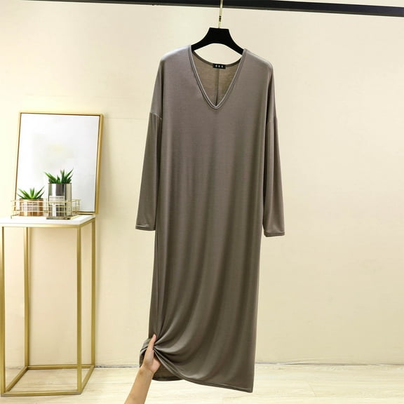 ylioge L-5X Plus Size Modal-Nightgowns for Women Long Sleeve V Neck Sleepshirts Womens Casual Solid Color Pullover Soft Homewear Dresses Nightgown