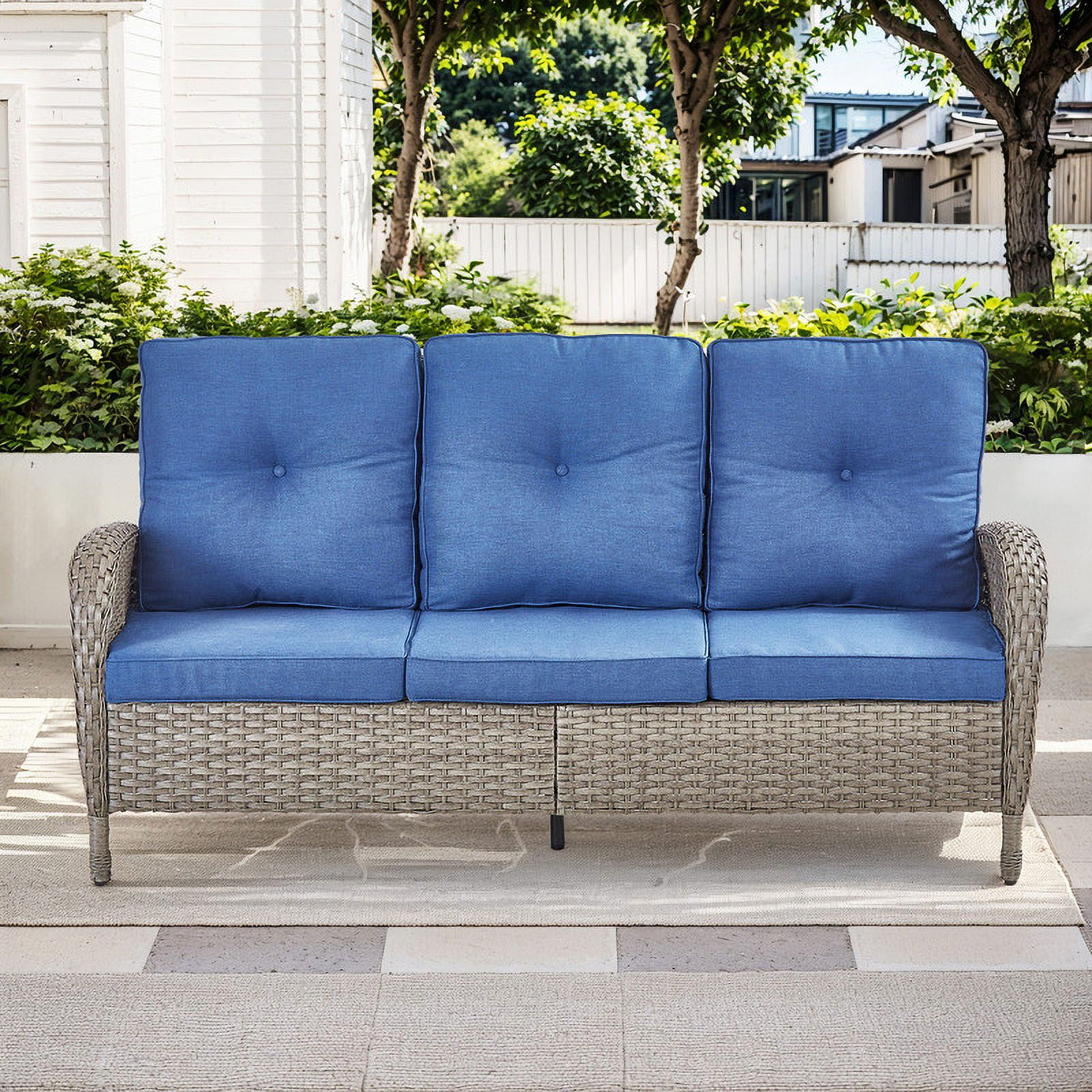 PARKWELL 6-Piece Outdoor Patio Conversation Set,Wicker 7-Seat High Back Furniture with Sofa, Swivel Gliders and Ottomans,Gray Wicker Navy Cushions