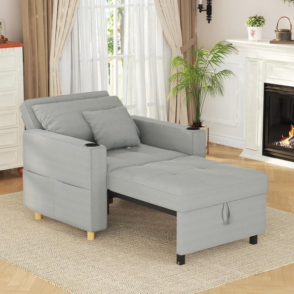 AECOJOY 3-in-1 Convertible Chair Bed Sleeper & Futon Sofa Bed Chair with Adjustable Backrest and 2 Pillows-Light Grey