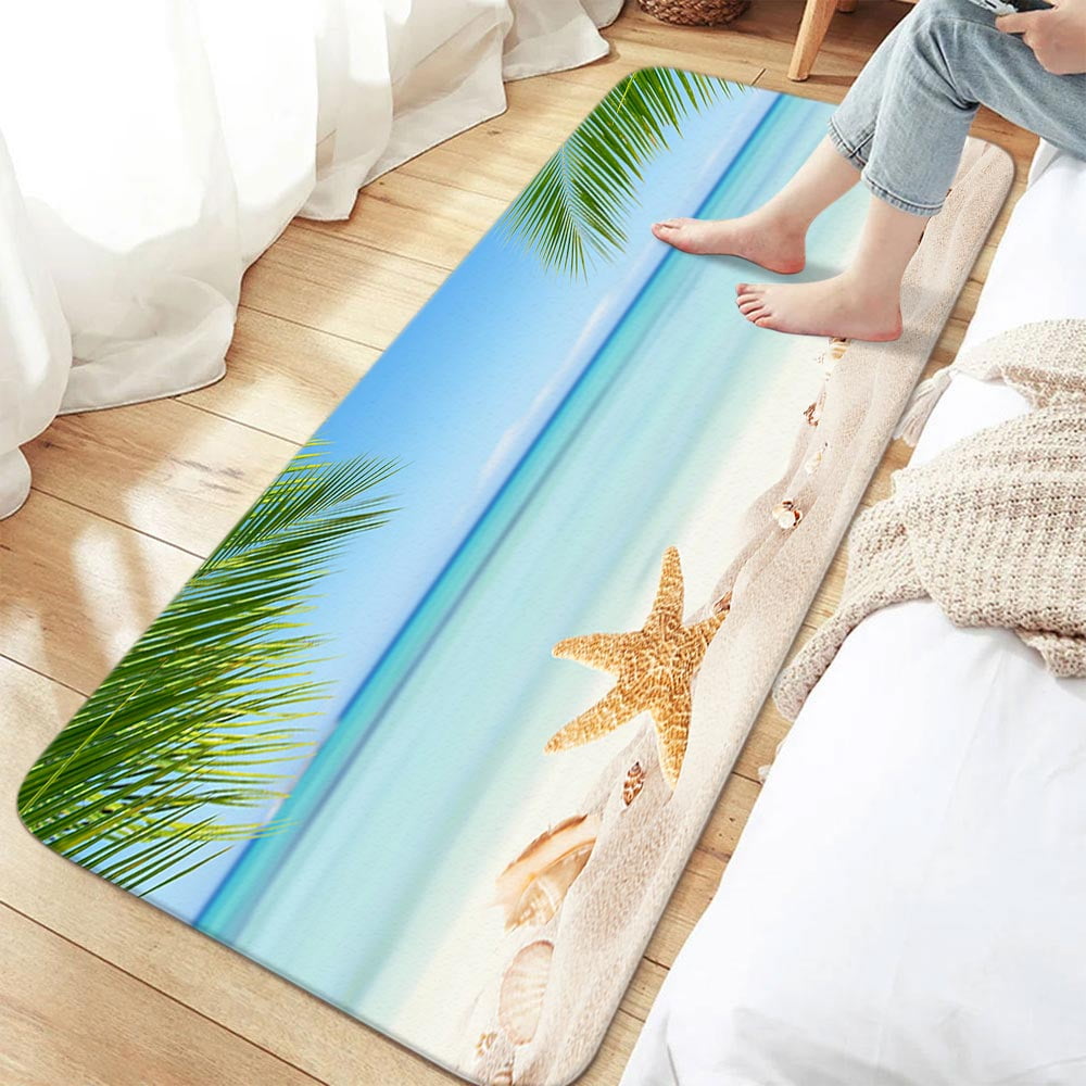 Beach Starfish Bathroom Rugs, Ocean Beach Seaside Bathroom Rugs Costal Scenery Landscape Nautical Sea Scenic Sand Blue Sky Summer Bathroom Rug Mat 17X48inch, Absorbent Bath Rugs