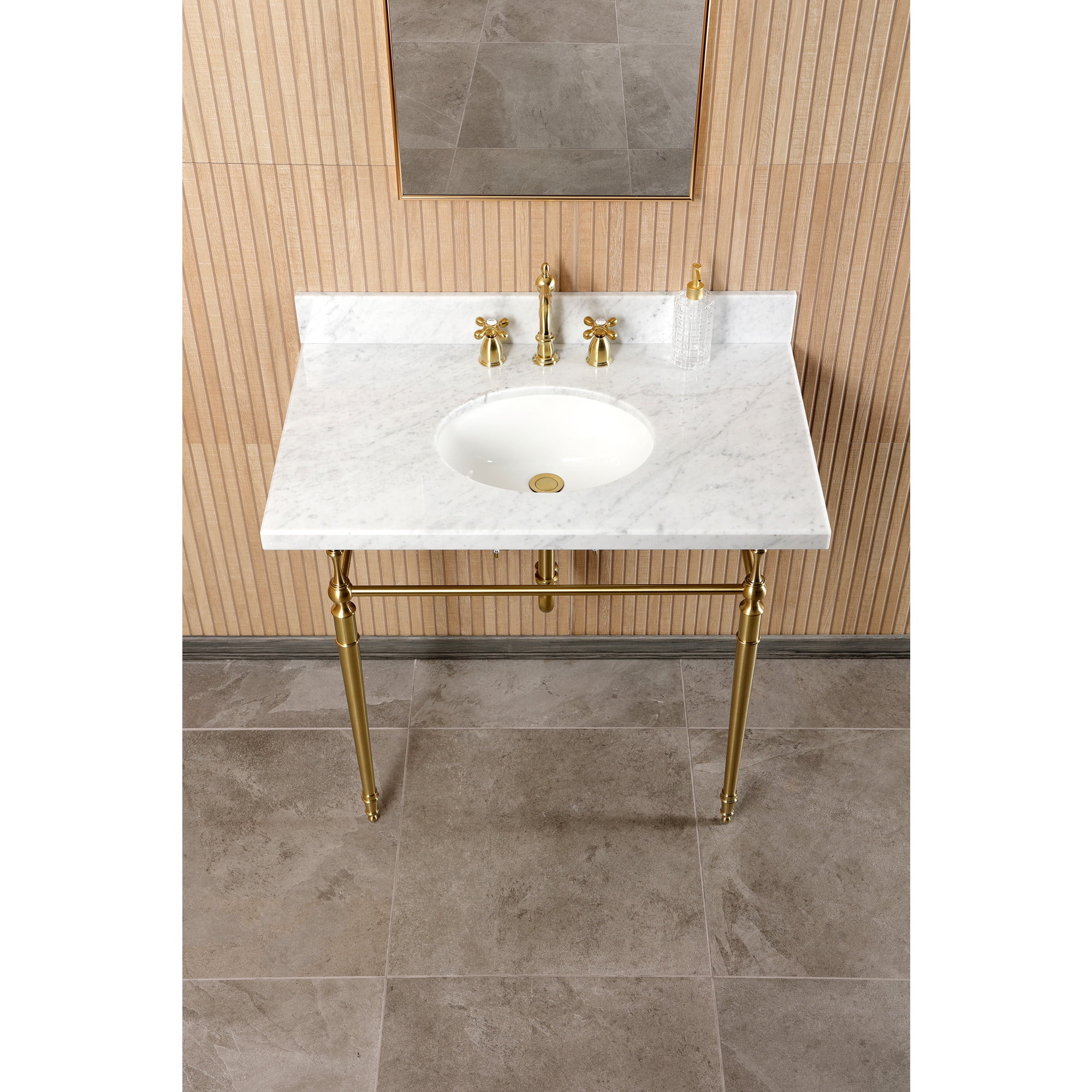Kingston Brass CKVPB3622M87 Edwardian 36" Carrara Marble Console Sink Set with Widespread Bathroom Faucet and Plumbing Trim Kit (8-Inch, 3-Hole), Carrara Marble White/Brushed Brass