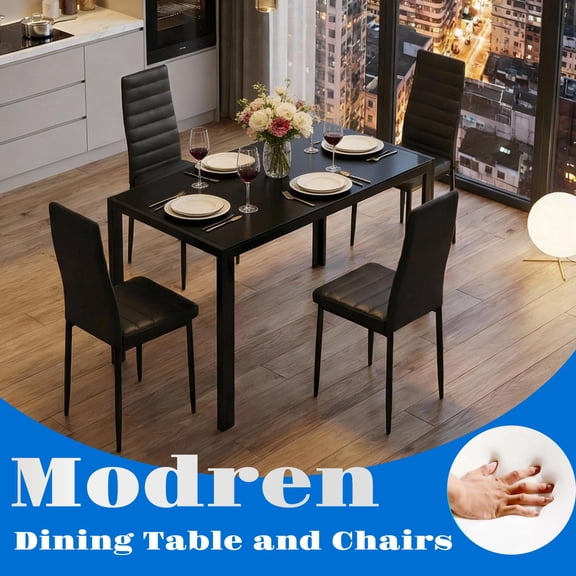 Dining Table Set for 4, Lofka 5 Pieces Kitchen Table and Chairs with Glass Top Table & PU Leather Chairs for Saving Space Kitchen, Dining Room, Black