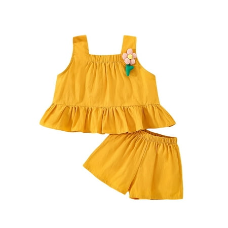 

Arvbitana Baby Girls Solid Color Shorts Set Sleeveless Flower Decor Ruffled Hem Tank Tops + Elastic Shorts Summer Casual Ramie Cotton Outfit 2Pcs 9-24M