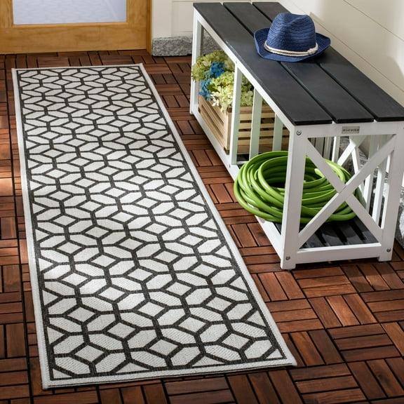 SAFAVIEH Beach House Kadri Geometric Indoor/Outdoor Runner Rug, Light Grey/Charcoal, 2'2" x 8'